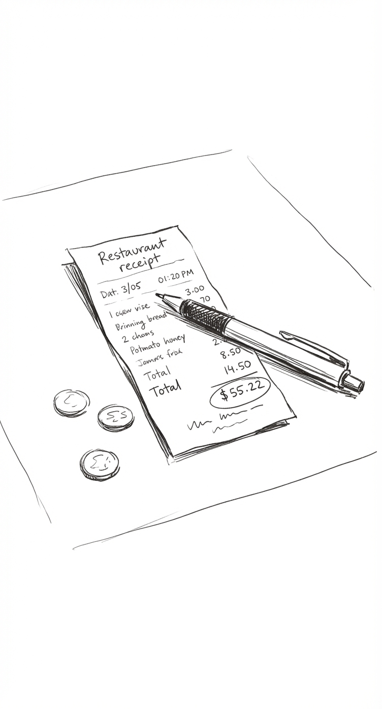 Restaurant receipt and calculator on a marble counter