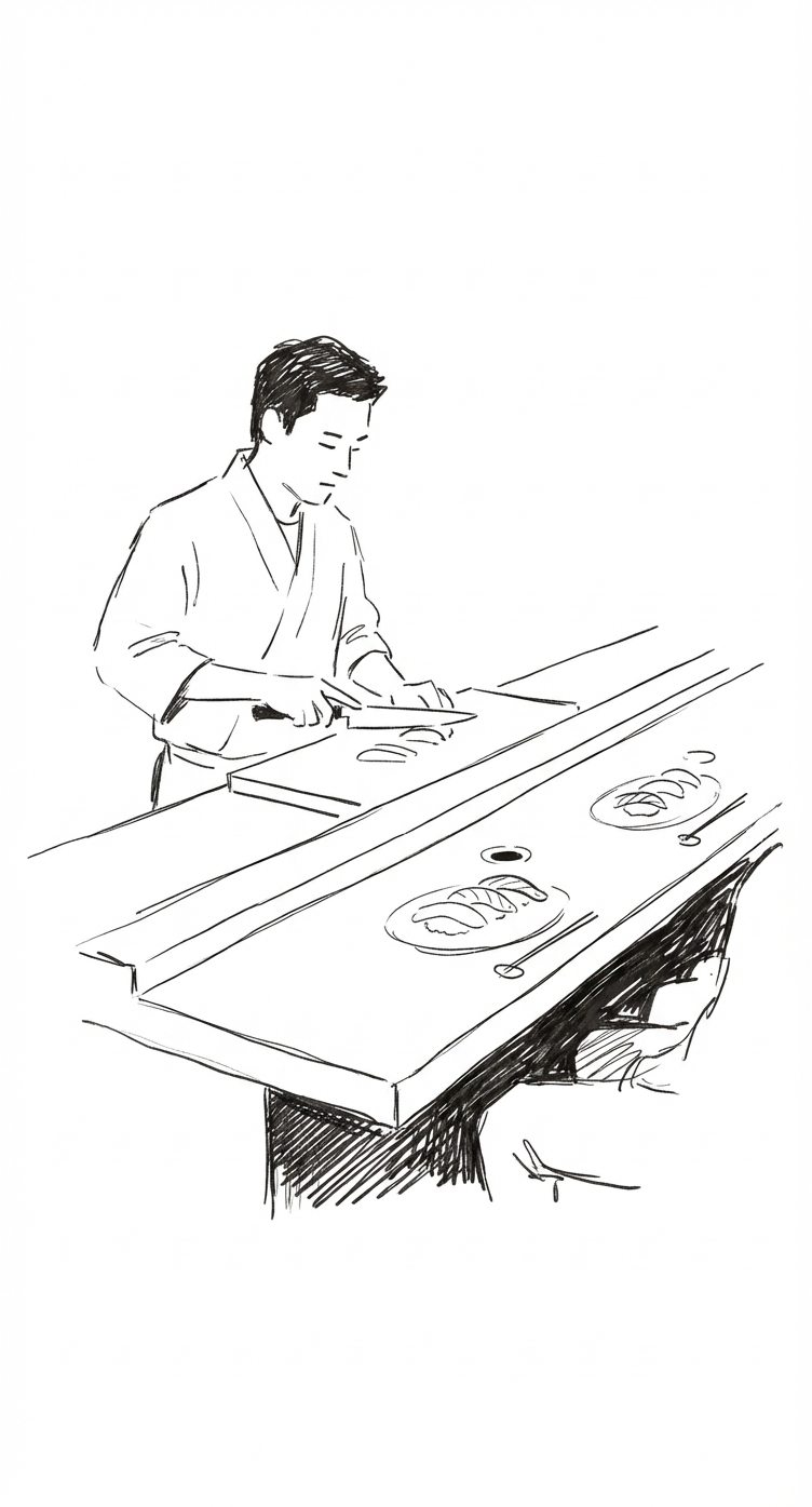 Sushi chef working behind an omakase counter