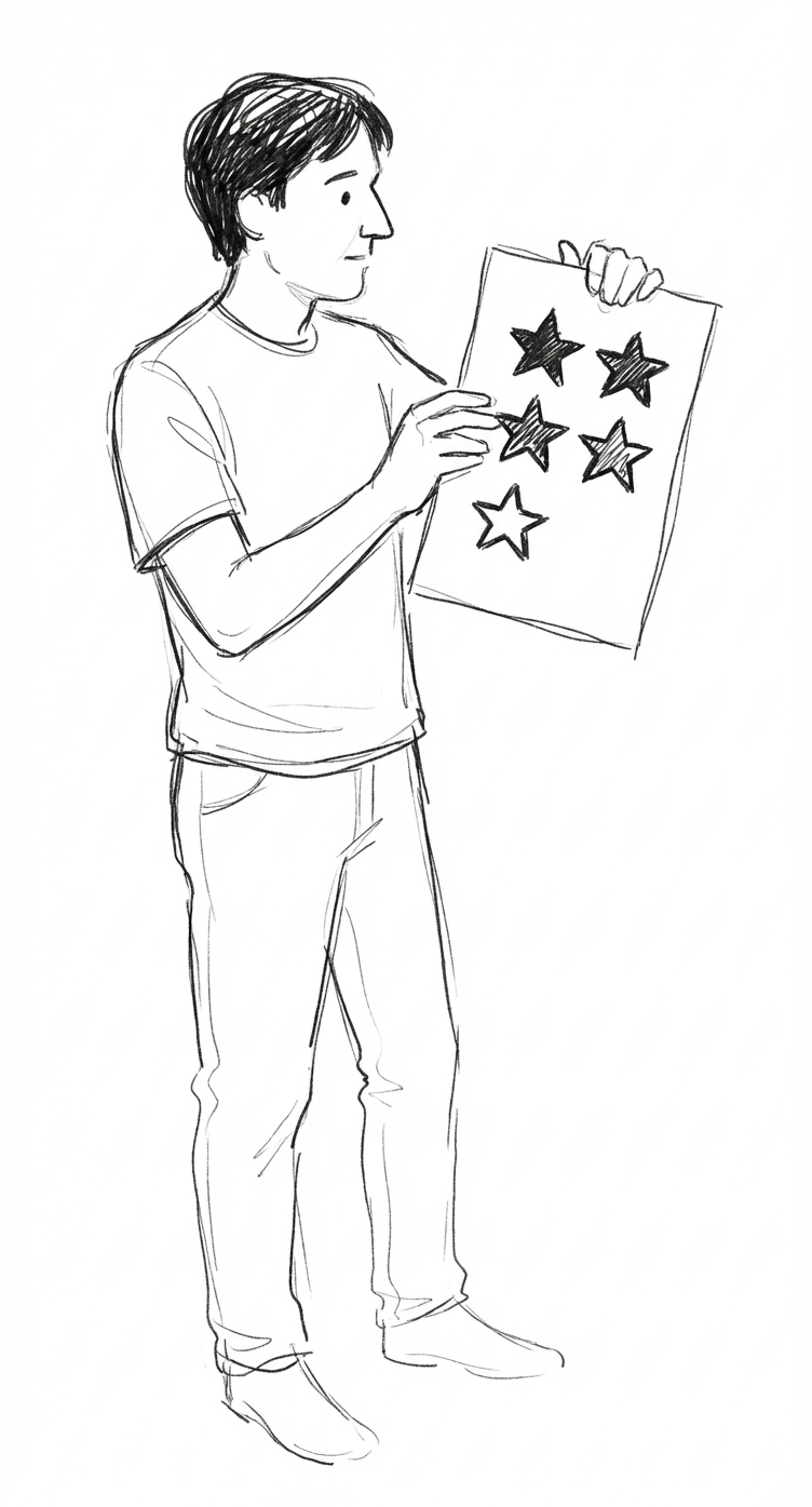 Person examining a review rating sheet