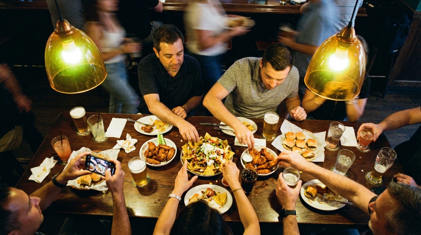 Overhead view of a sports bar table with beer glasses, nachos, and shared bar food