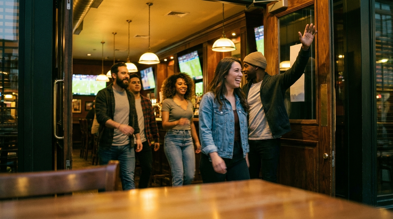 Friends clinking beer glasses at a sports bar celebration