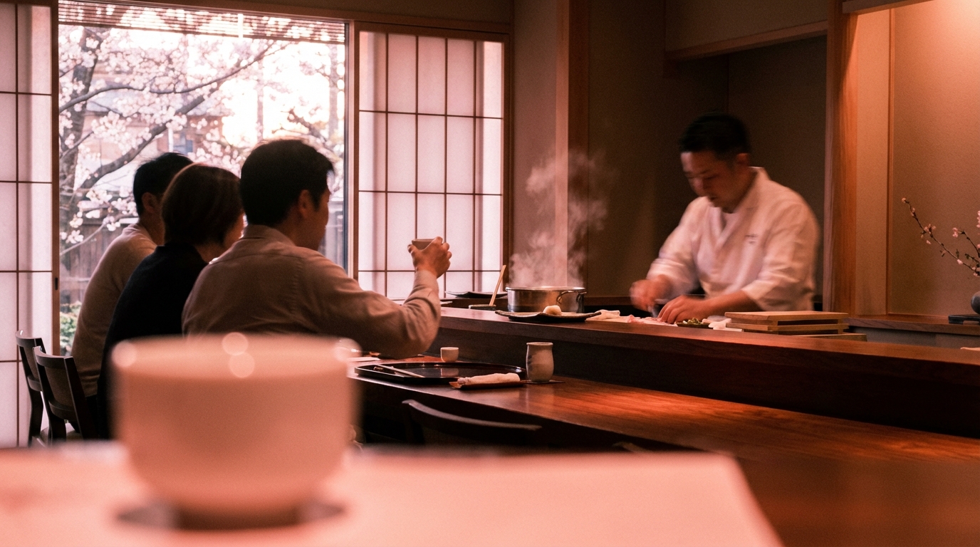 Intimate omakase counter with chef preparing courses for seated guests
